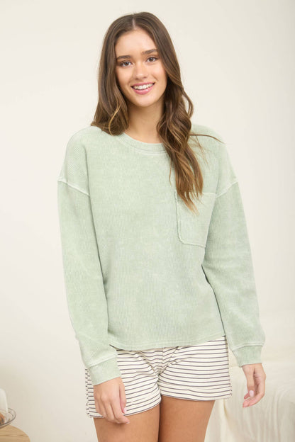 Washed Pocket Detail Long Sleeve Rib Knit Top