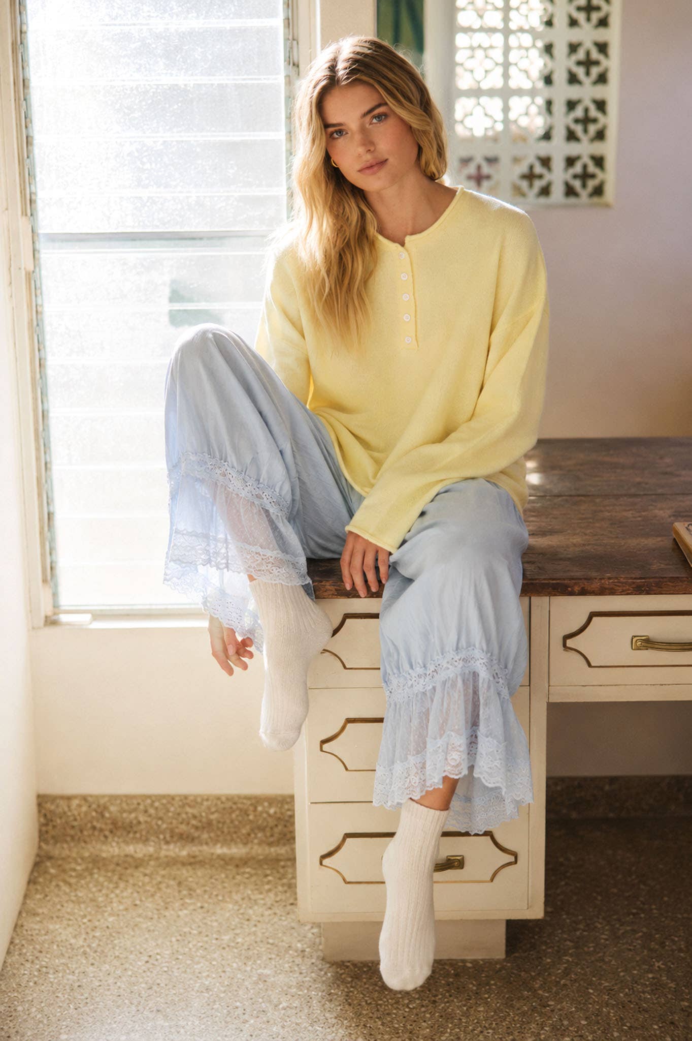 Raw Rolled Edge Henley Relaxed Pullover Sweater