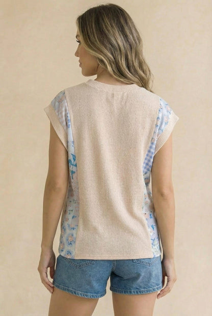 Floral Patchwork Color Block Wave Rib Top