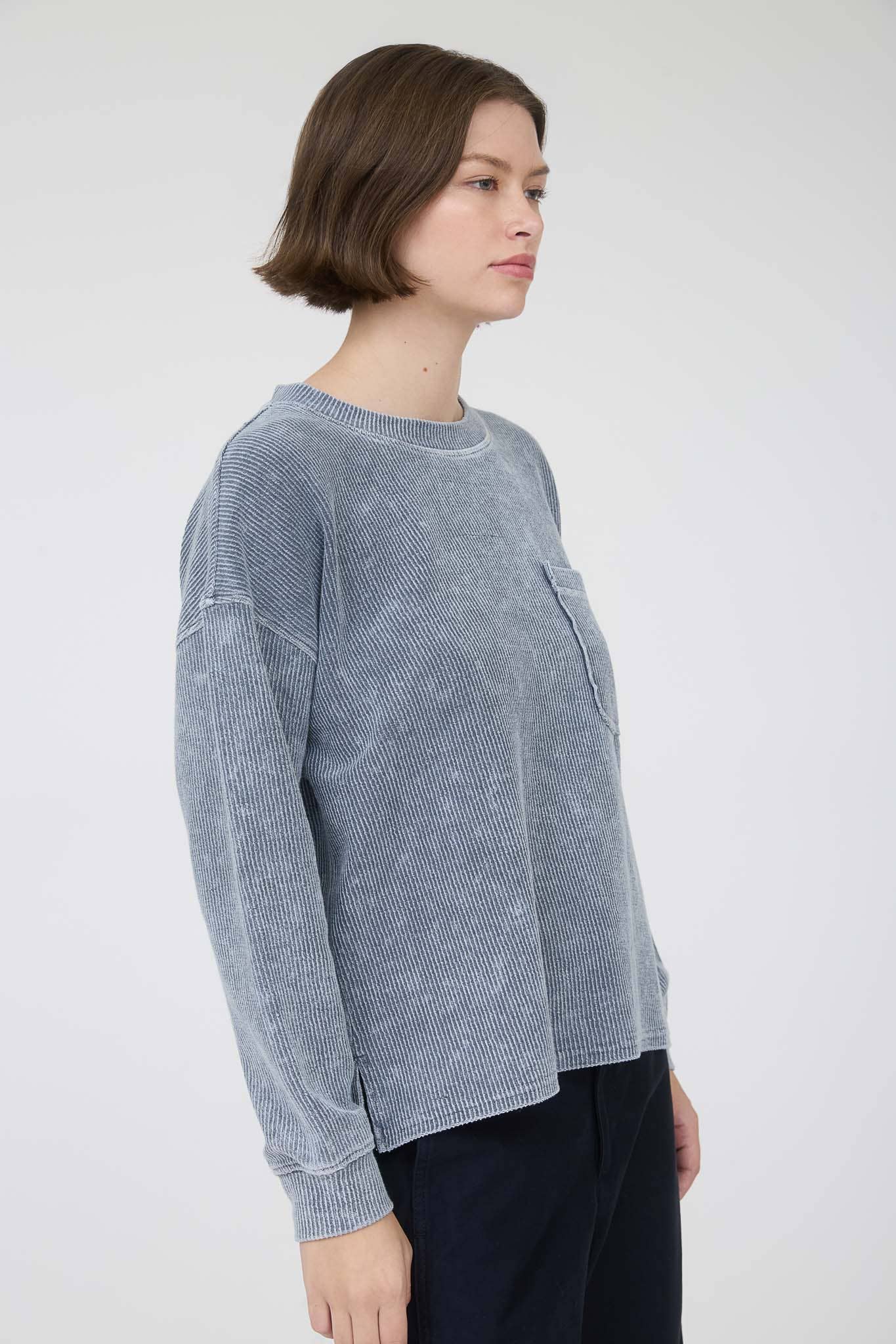 Washed Pocket Detail Long Sleeve Rib Knit Top