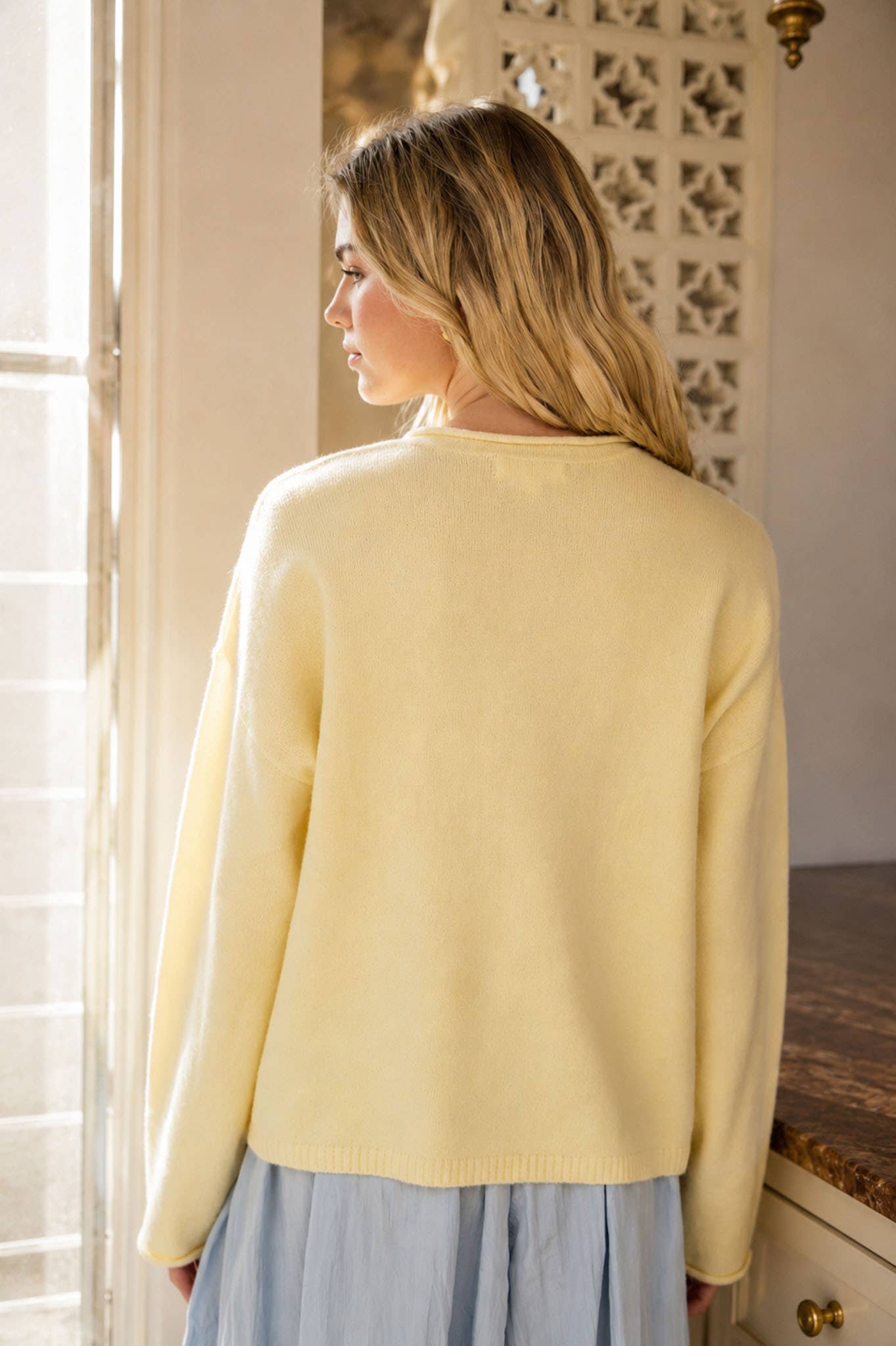 Raw Rolled Edge Henley Relaxed Pullover Sweater