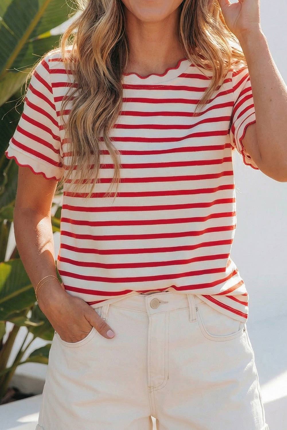 Stripe Scalloped Trim Round Neck T Shirt