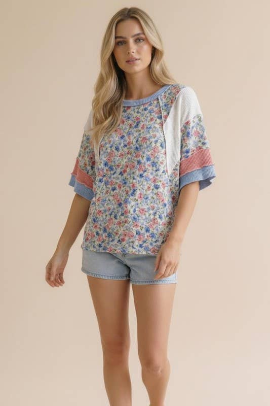 Short Sleeve Color Block Floral Knit Top