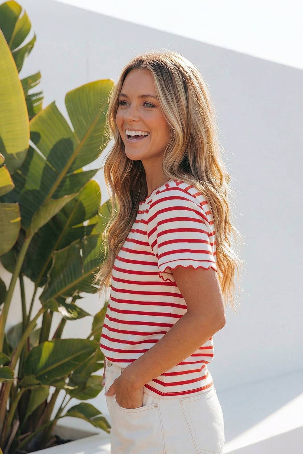 Stripe Scalloped Trim Round Neck T Shirt