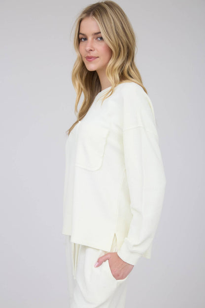 Washed Pocket Detail Long Sleeve Rib Knit Top