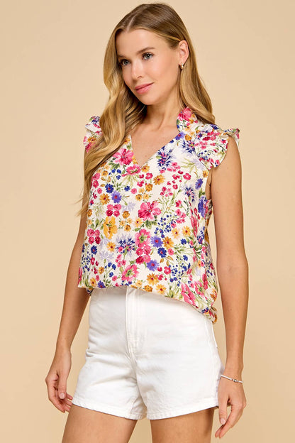 Ruffled V-Neck Floral Printed Top