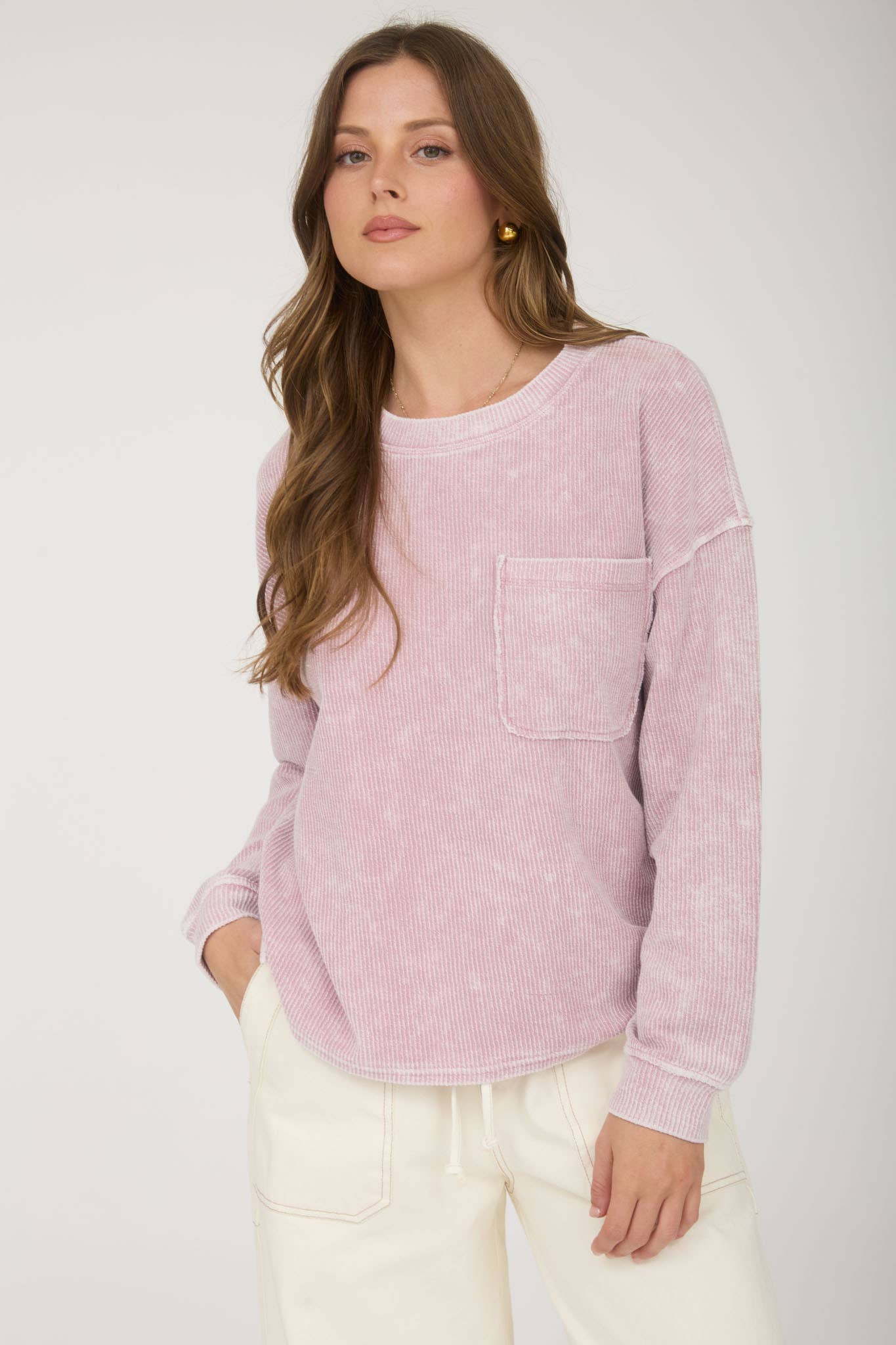 Washed Pocket Detail Long Sleeve Rib Knit Top