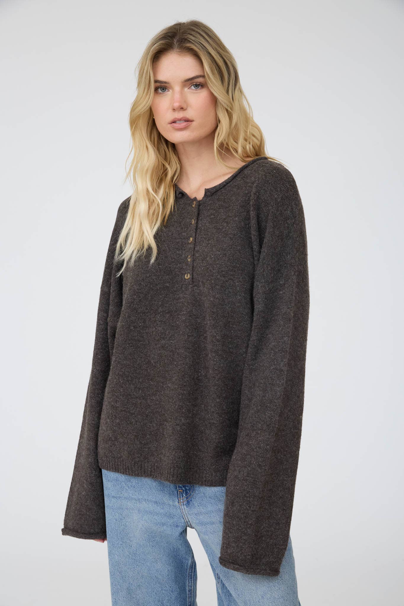 Raw Rolled Edge Henley Relaxed Pullover Sweater