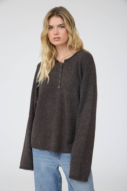Raw Rolled Edge Henley Relaxed Pullover Sweater