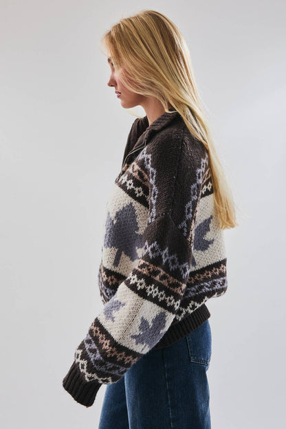 LONG SLEEVE COLLARED LEAVES WITH PATTERN SWEATER JACKET