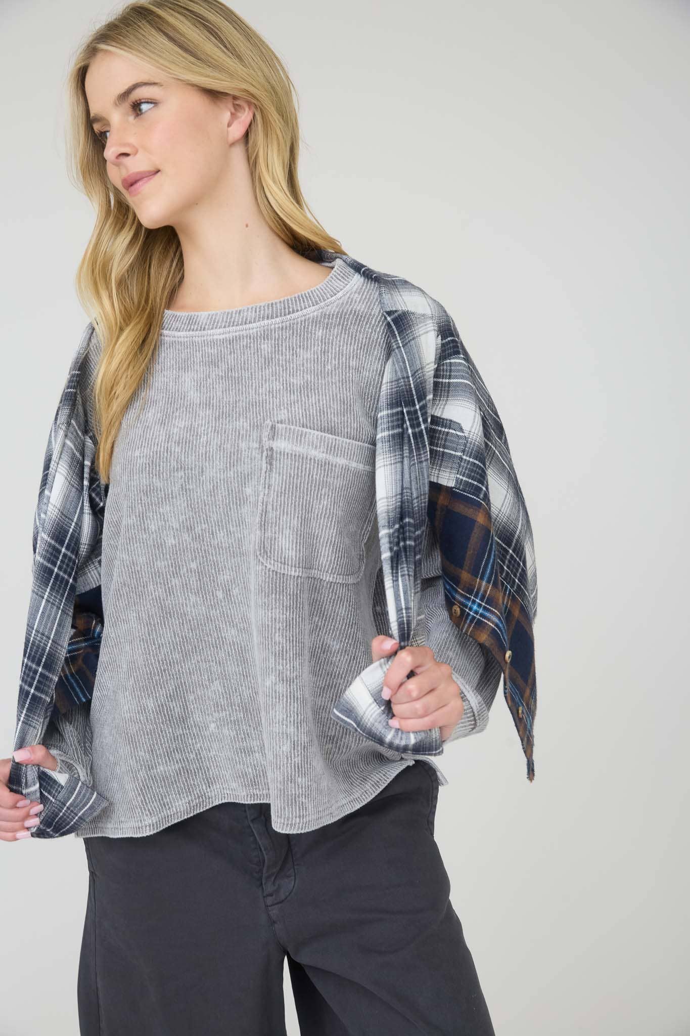Washed Pocket Detail Long Sleeve Rib Knit Top