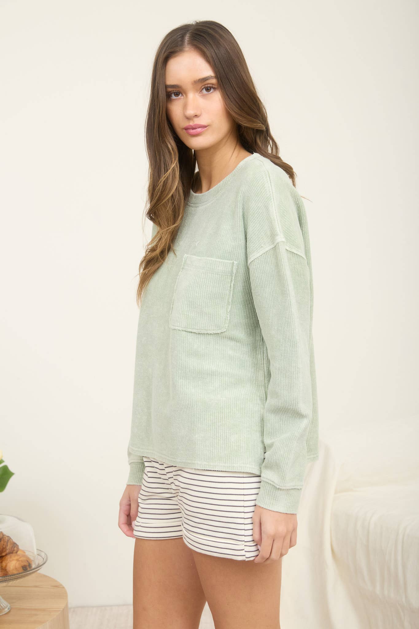 Washed Pocket Detail Long Sleeve Rib Knit Top