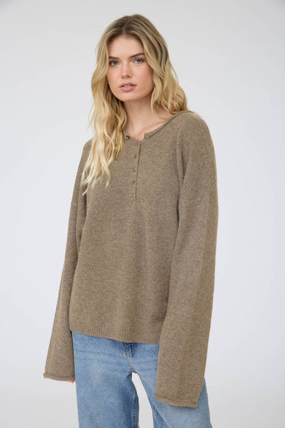 Raw Rolled Edge Henley Relaxed Pullover Sweater