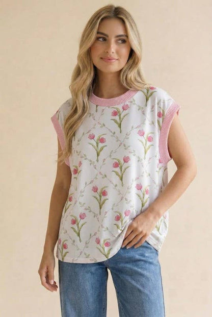 Drop Shoulder Short Sleeve Tulip Print Top
