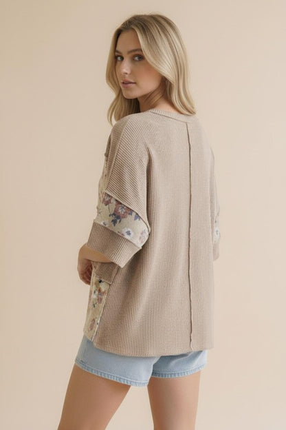 Taupe/Oatmeal Floral Ribbed Top