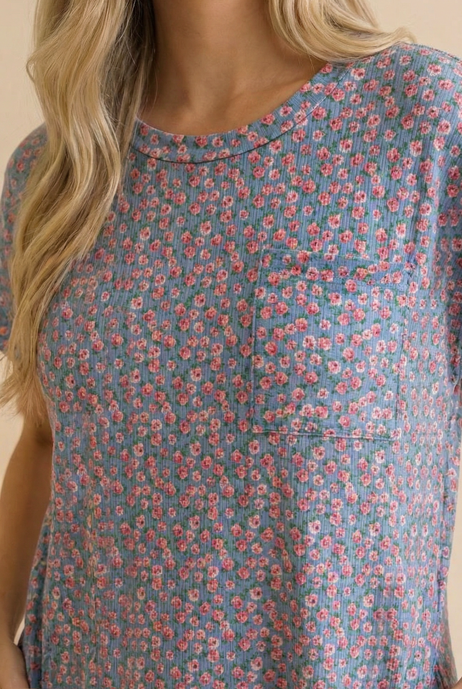 Crew Neck Floral Shift Dress Rib Dress