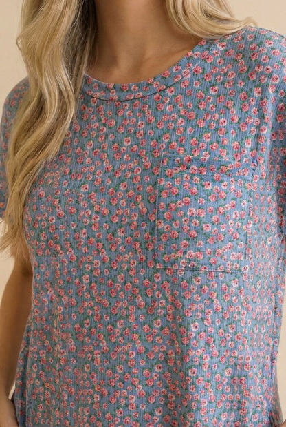 Crew Neck Floral Shift Dress Rib Dress
