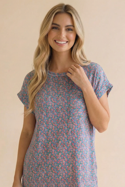 Crew Neck Floral Shift Dress Rib Dress