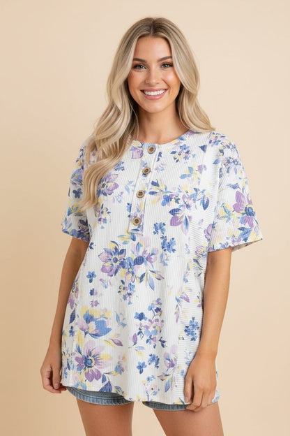 Blue Floral Ribbed Button Top