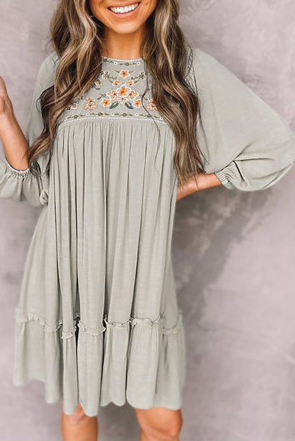 Embroidered Flower Long Sleeve Babydoll Dress