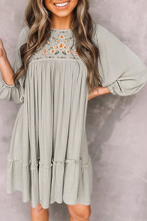 Embroidered Flower Long Sleeve Babydoll Dress