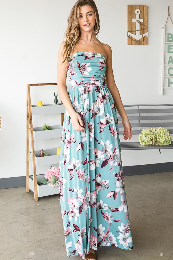 Strapless Dusty Mint Floral Maxi
