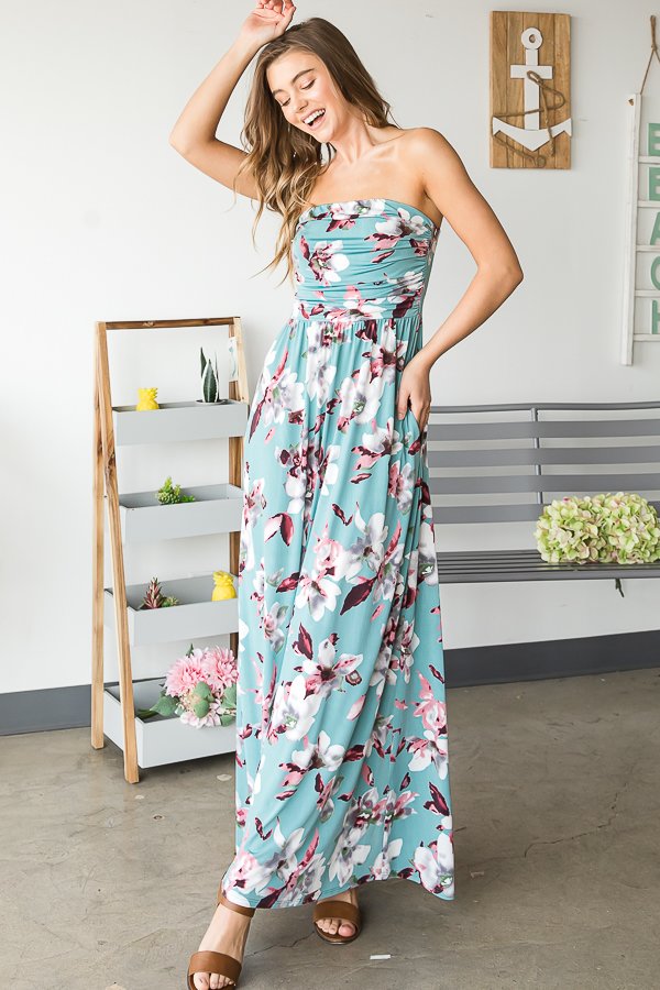 Strapless Dusty Mint Floral Maxi