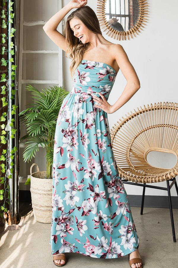 Strapless Dusty Mint Floral Maxi