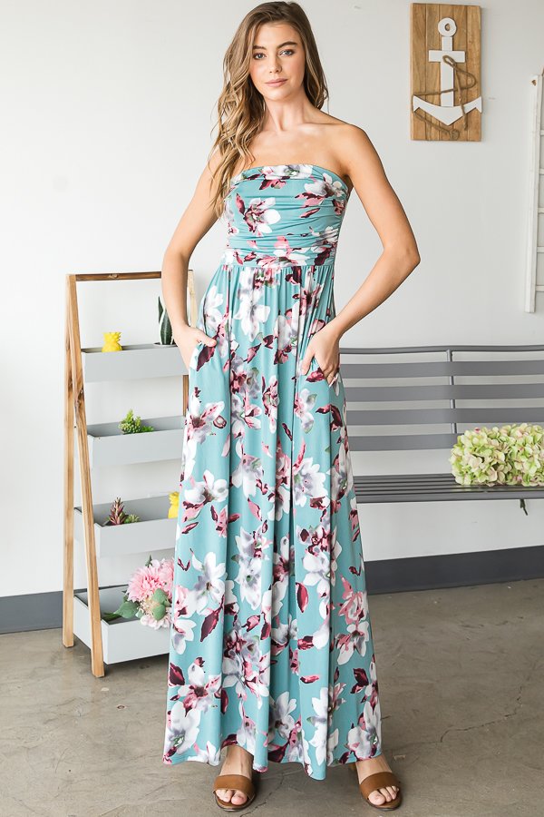 Strapless Dusty Mint Floral Maxi