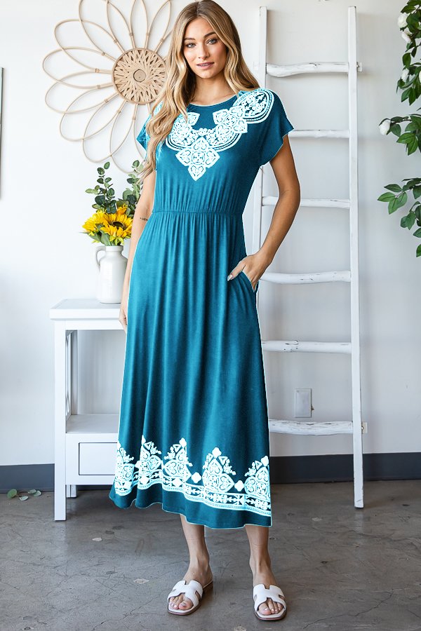 Damask Dark Jade Print Maxi Dress