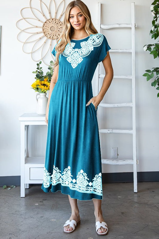 Damask Dark Jade Print Maxi Dress