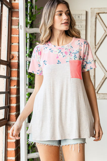 Floral Print Ribbed Pocket Top