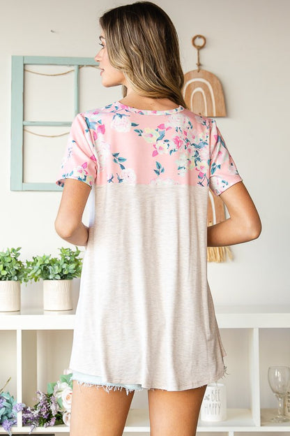 Floral Print Ribbed Pocket Top