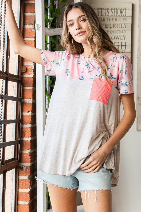 Floral Print Ribbed Pocket Top