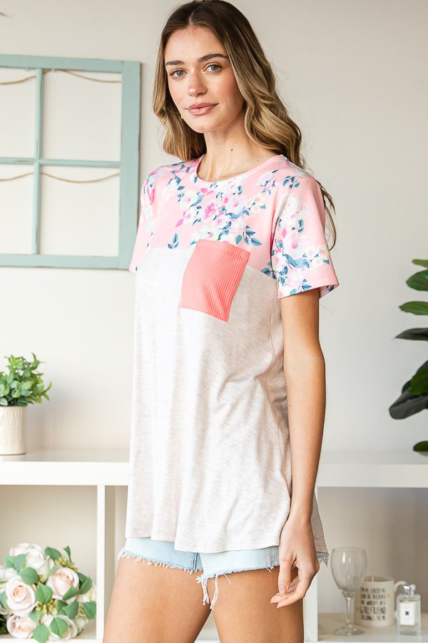 Floral Print Ribbed Pocket Top
