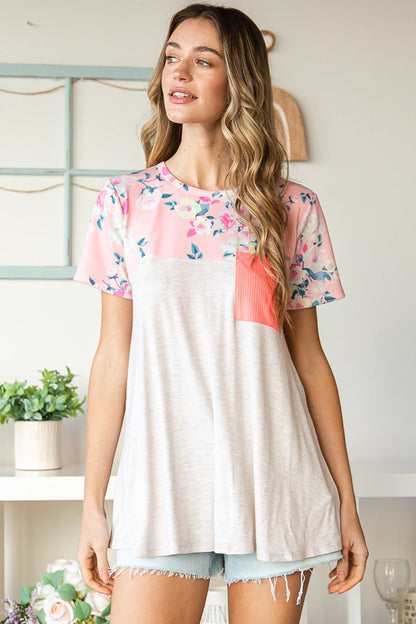 Floral Print Ribbed Pocket Top