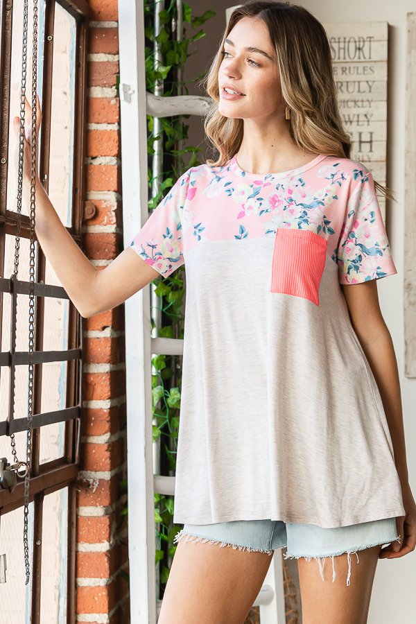 Floral Print Ribbed Pocket Top
