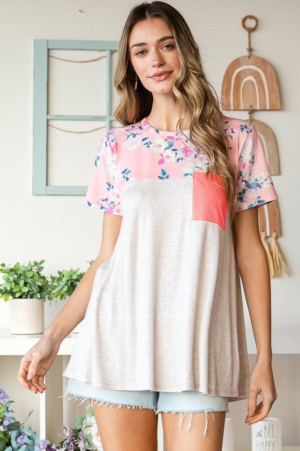 Floral Print Ribbed Pocket Top