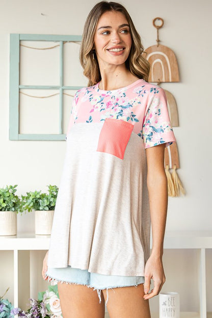 Floral Print Ribbed Pocket Top