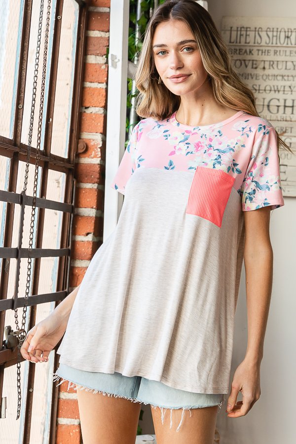 Floral Print Ribbed Pocket Top