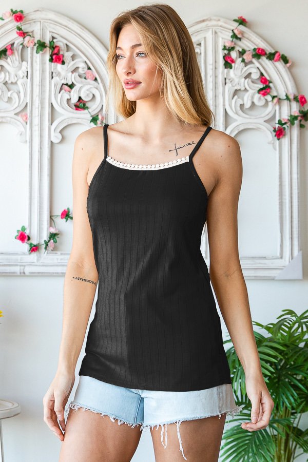 Lace Pom Ribbed Tank Top